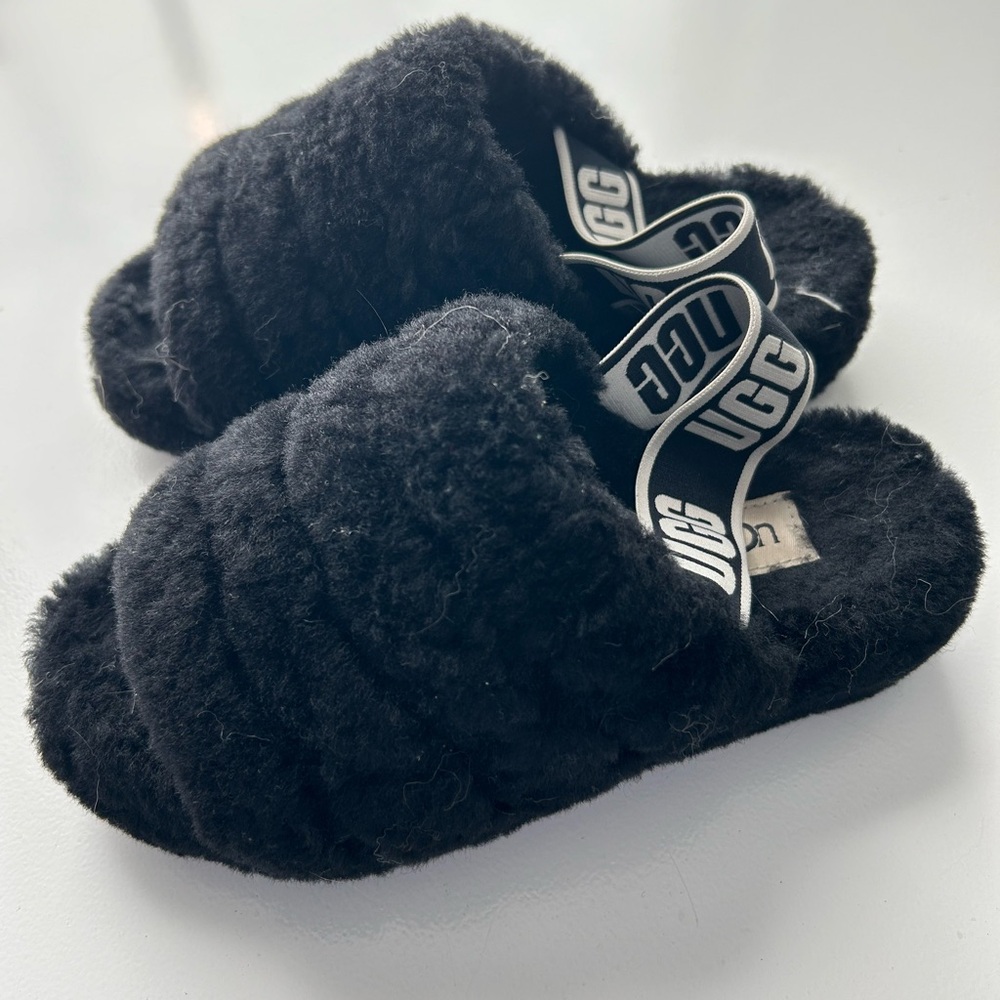 UGG Black Fluffy Slippers